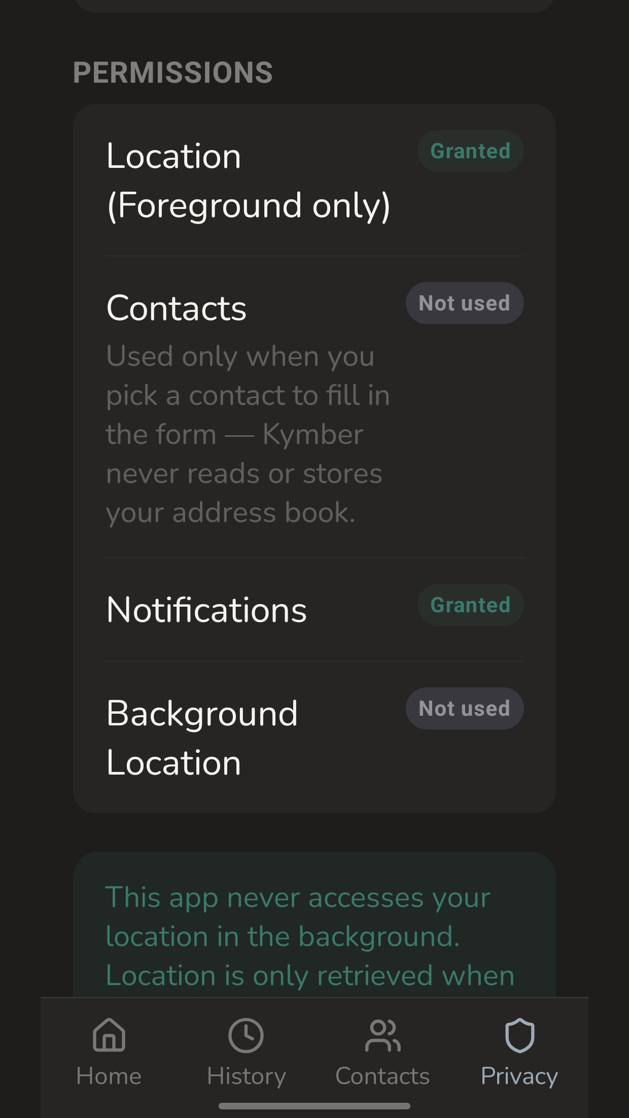 Permissions screen: foreground-only location, contacts not used