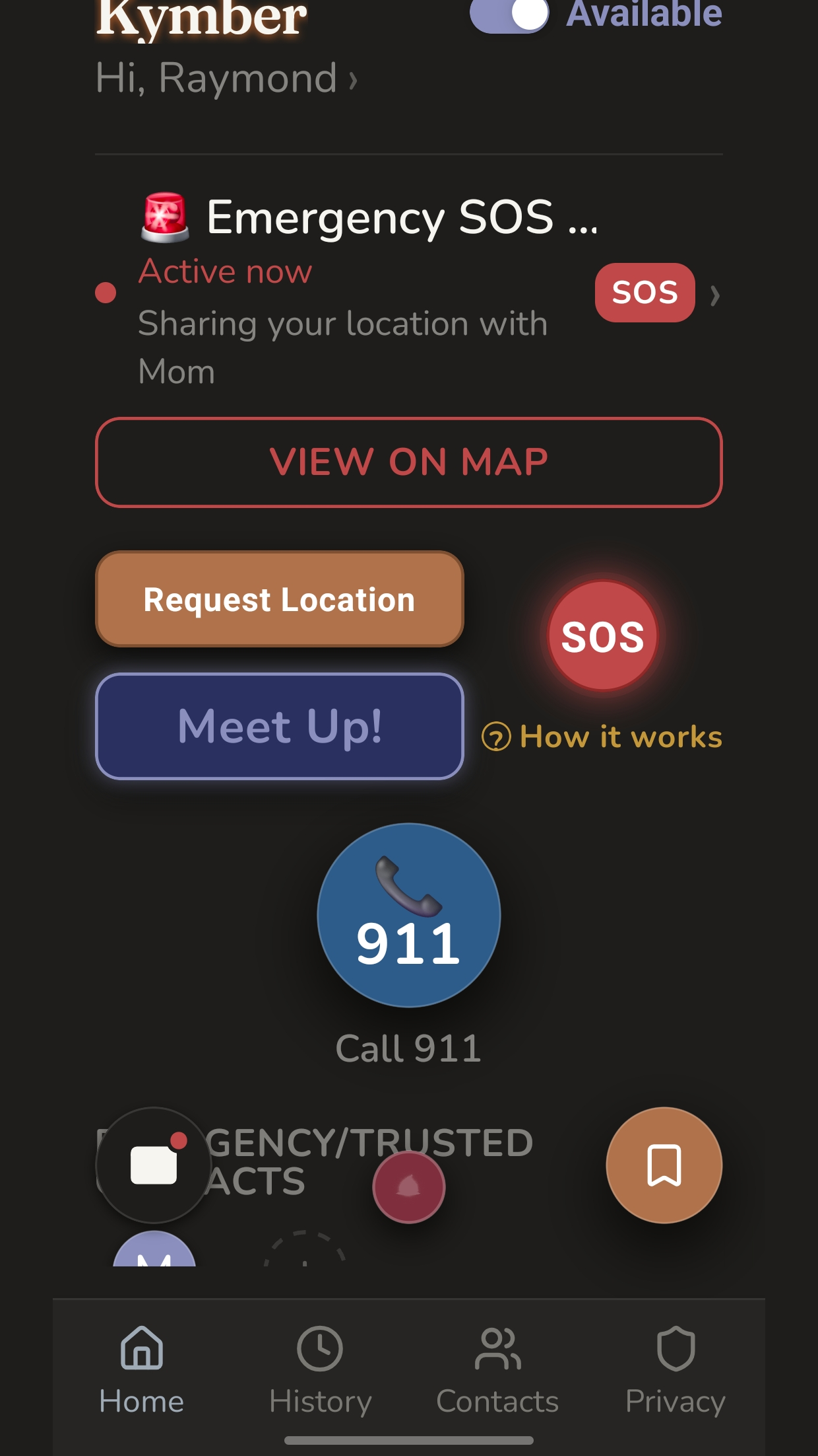 An active emergency SOS sharing live location, with a Call 911 button