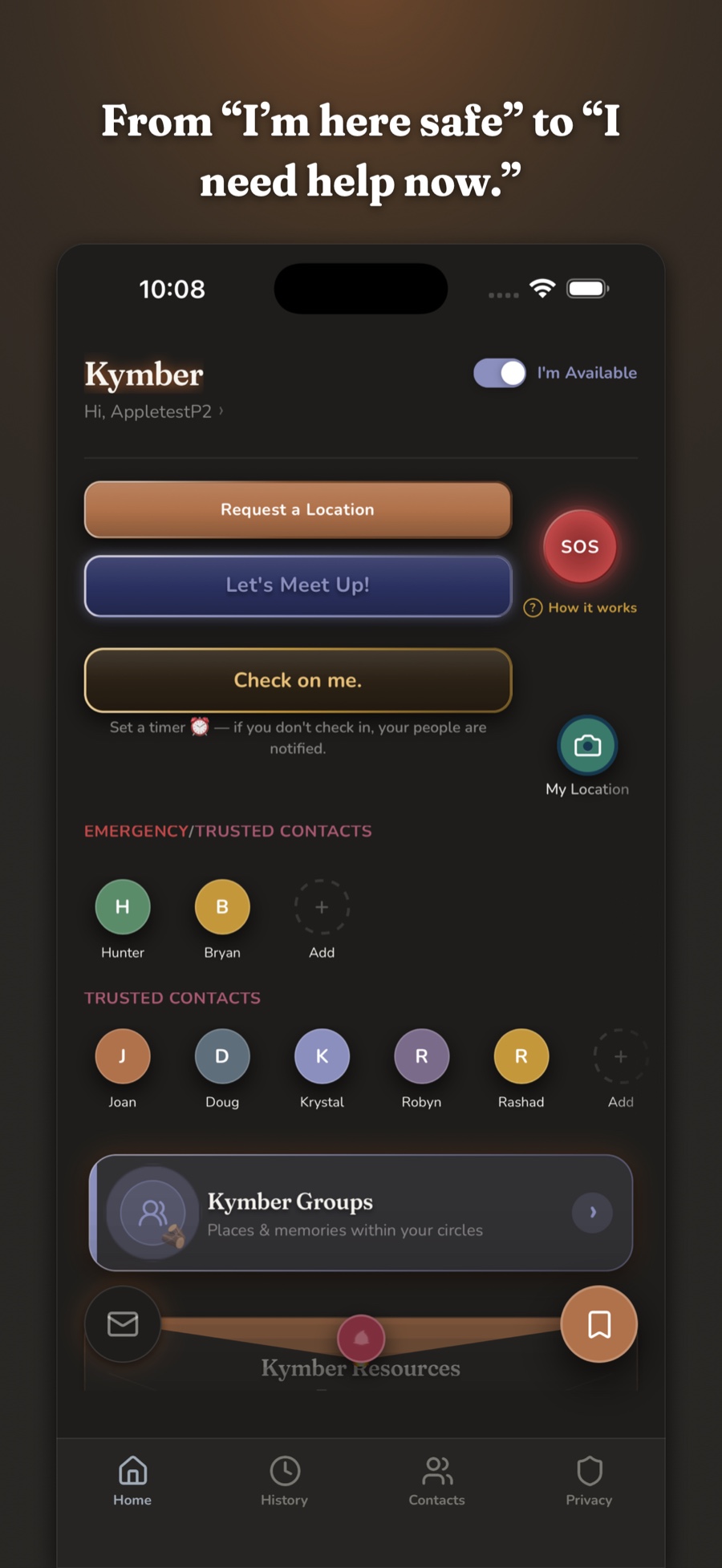 Kymber home screen — Request a Location, Let's Meet Up, Check on me and SOS one tap away