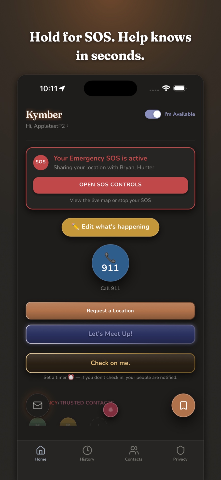 An active emergency SOS sharing live location with emergency contacts