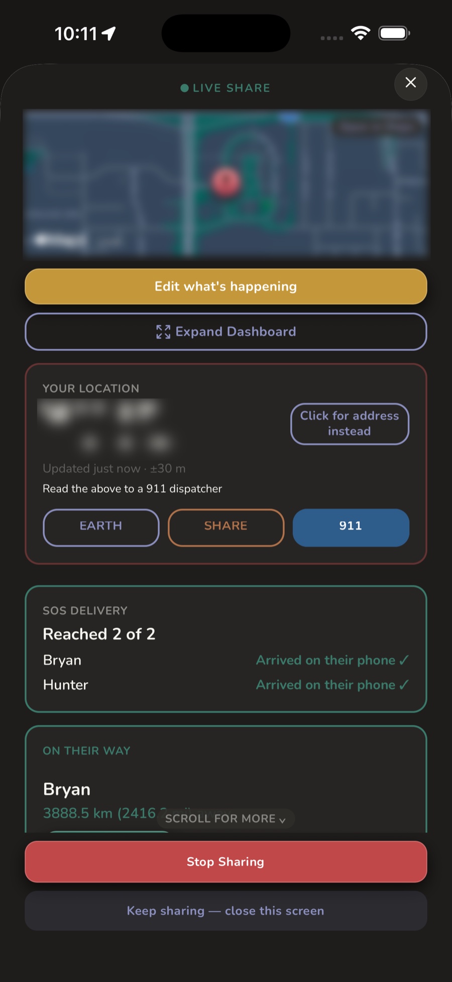 A live share showing your exact coordinates, with map and 911 shortcuts