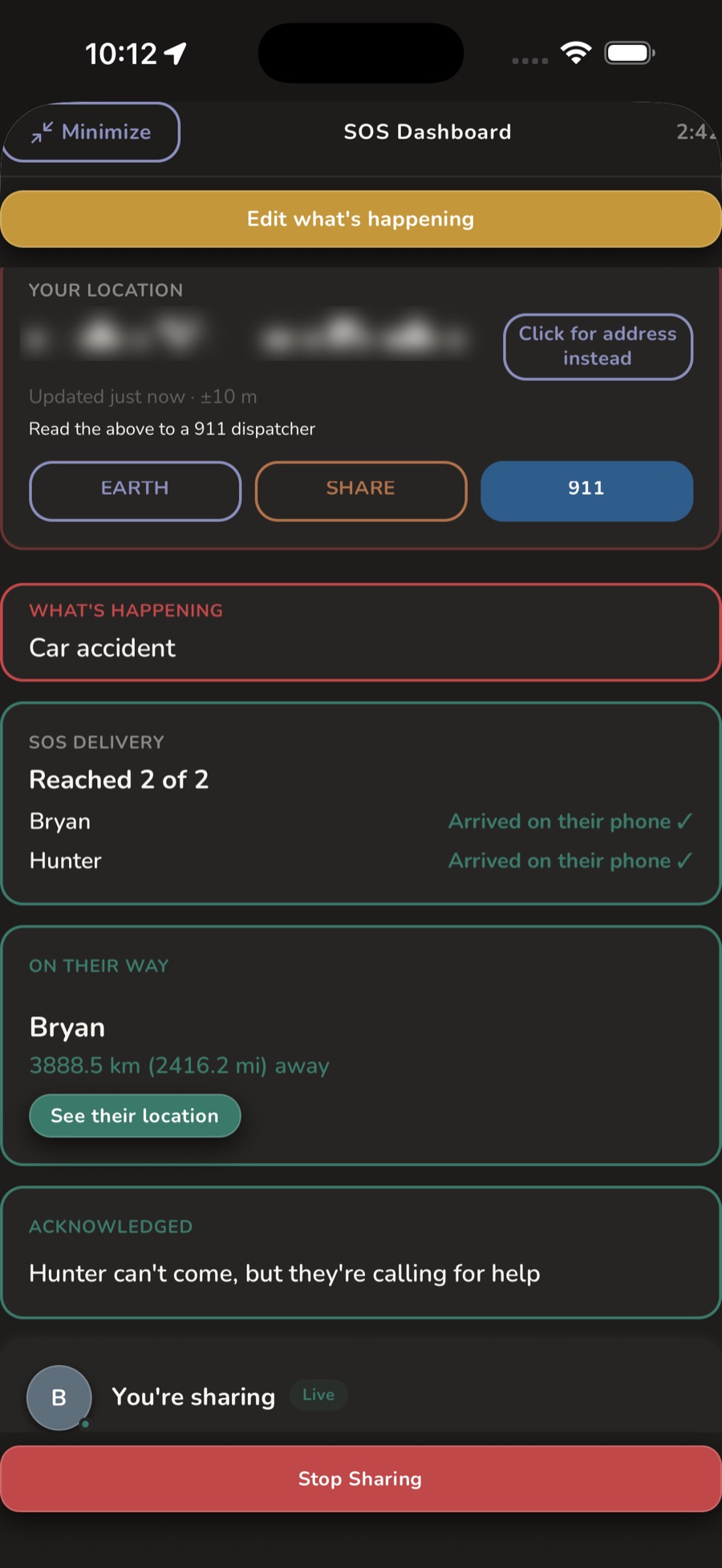 The SOS dashboard showing delivery receipts, who is on the way, and who acknowledged