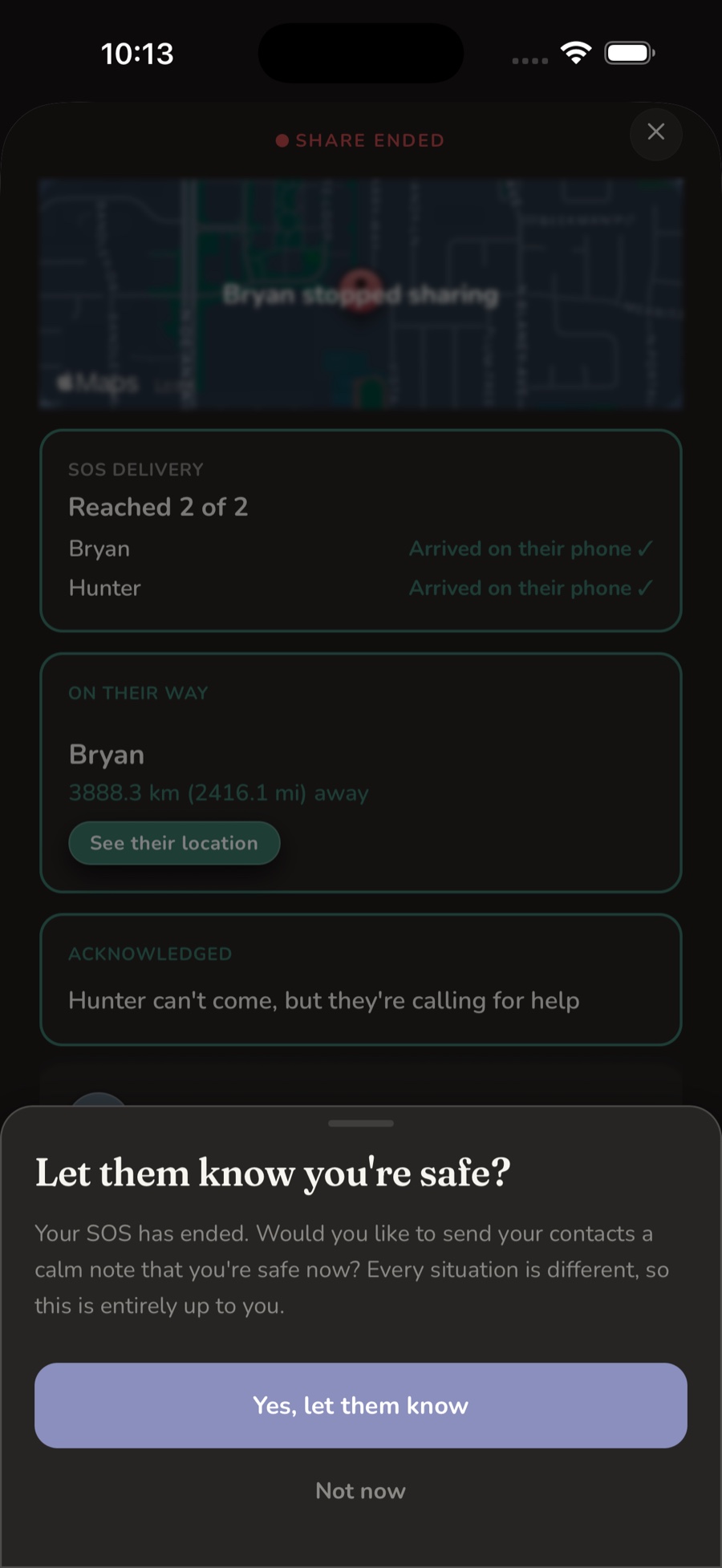 After an SOS ends, a prompt asking whether to let your contacts know you're safe
