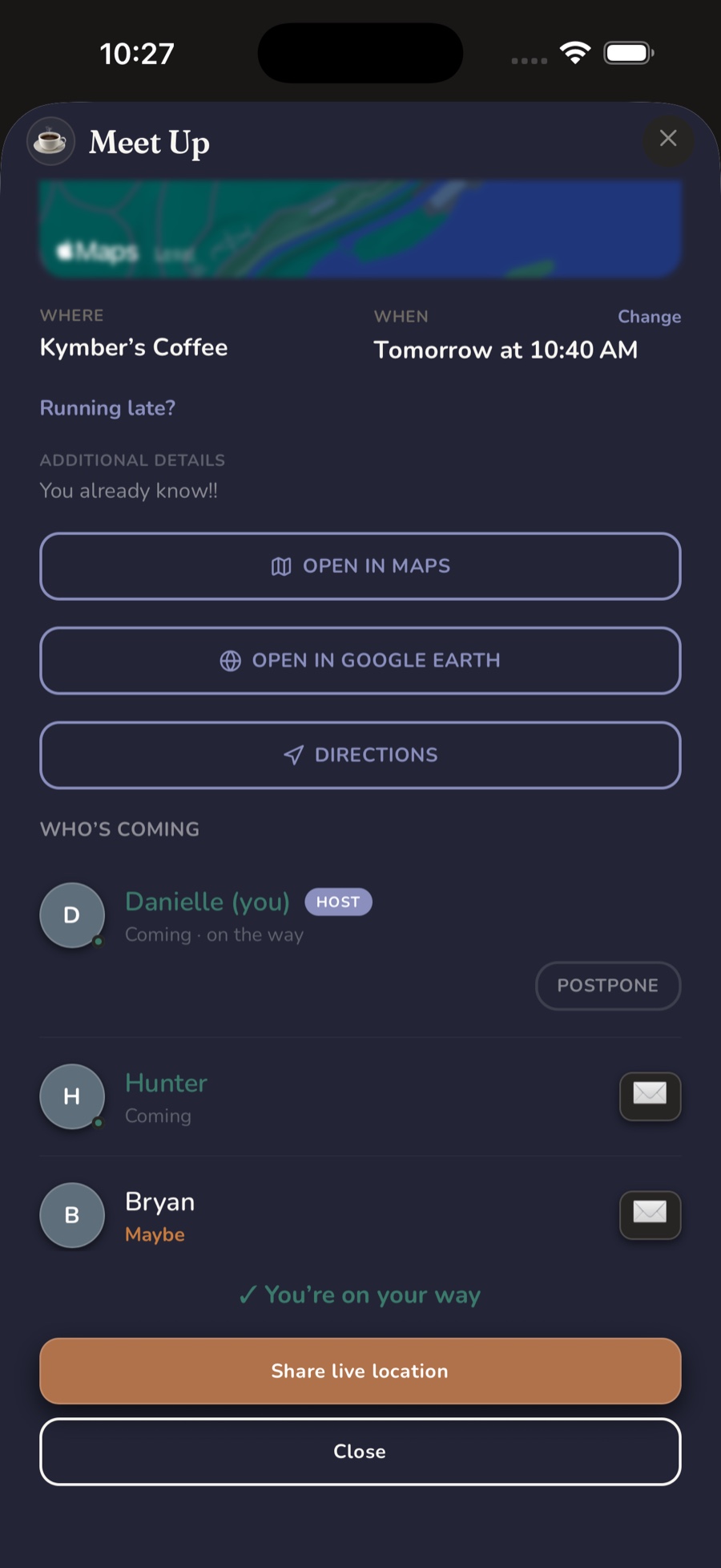 A Meet Up showing where, when, and who is coming