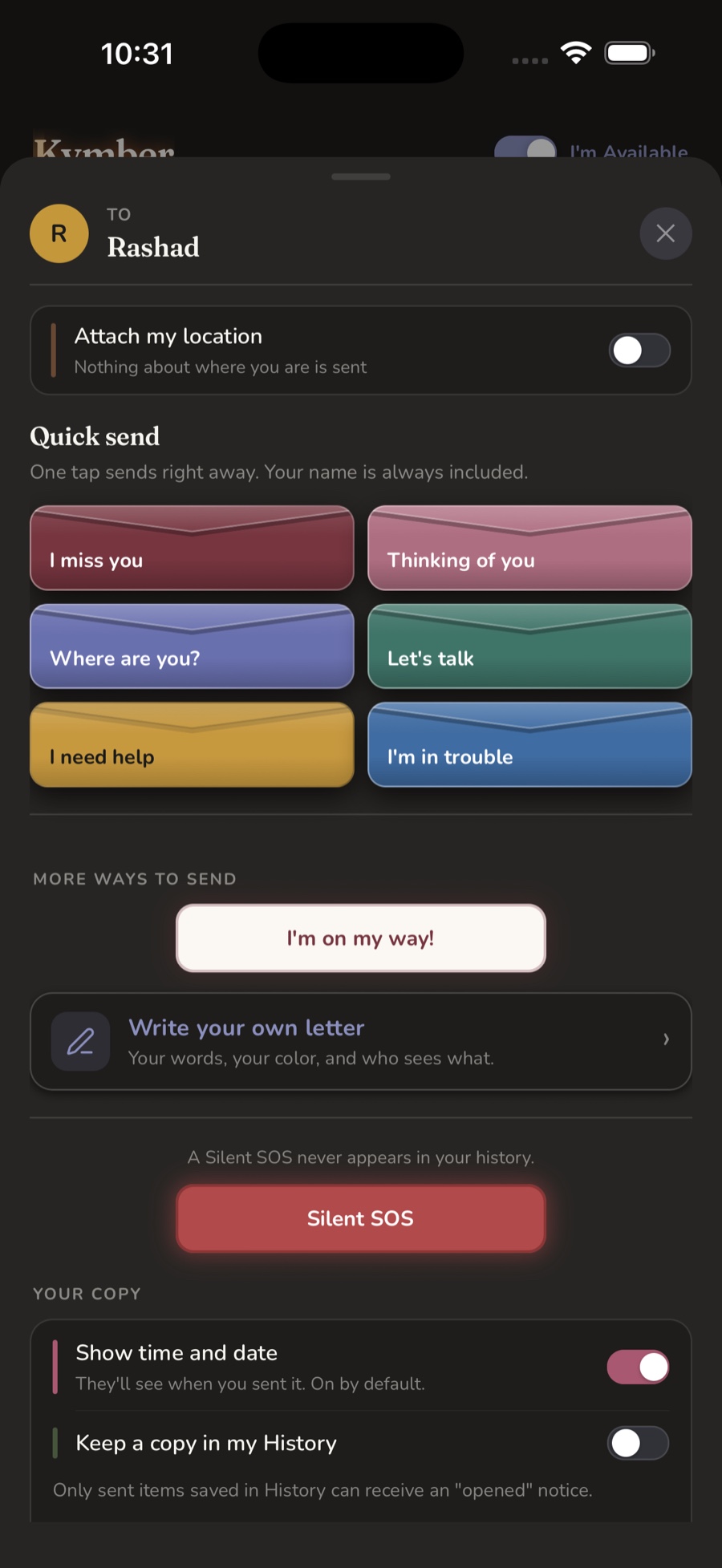 Quick-send cards including I need help, I'm in trouble, I'm on my way, and Silent SOS