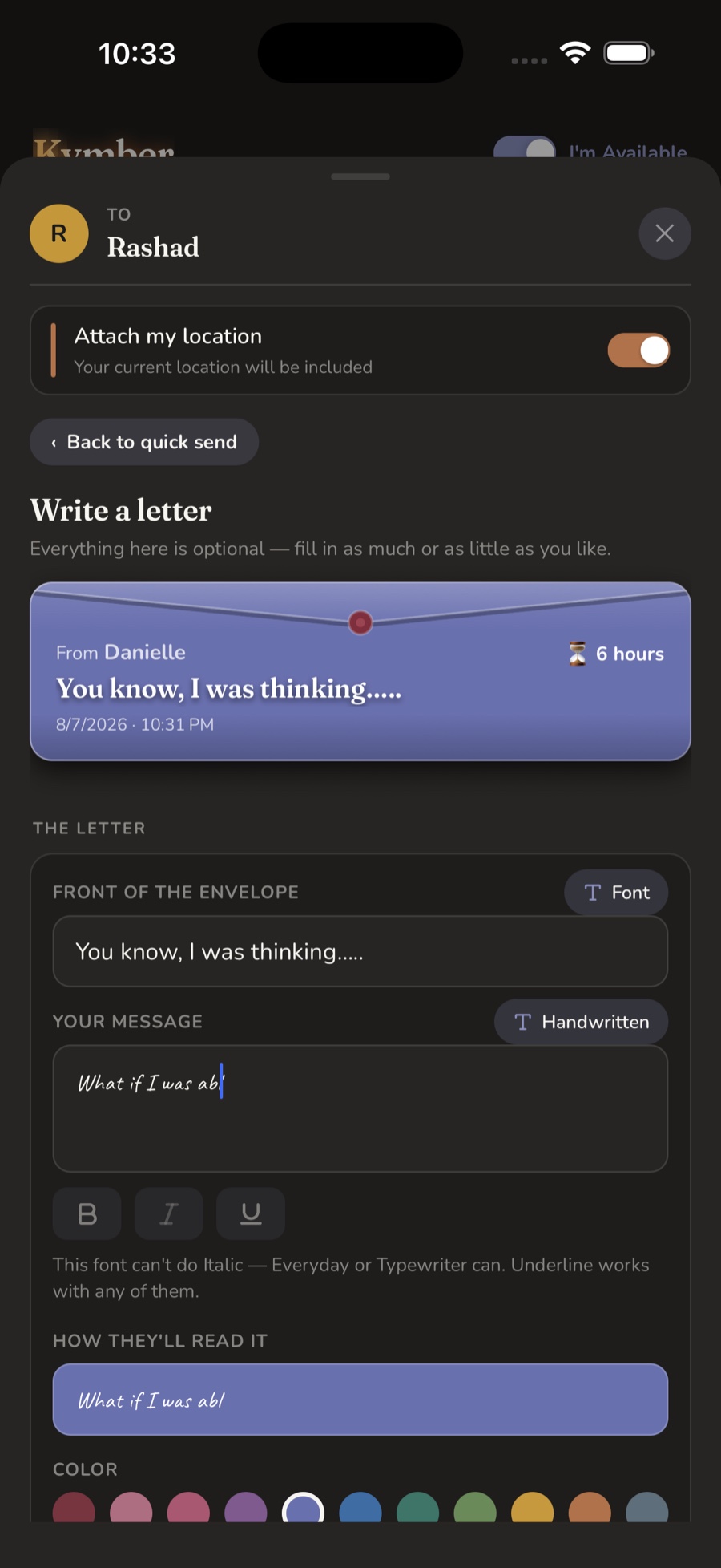 Writing a letter, with a live envelope preview, colors and handwritten fonts
