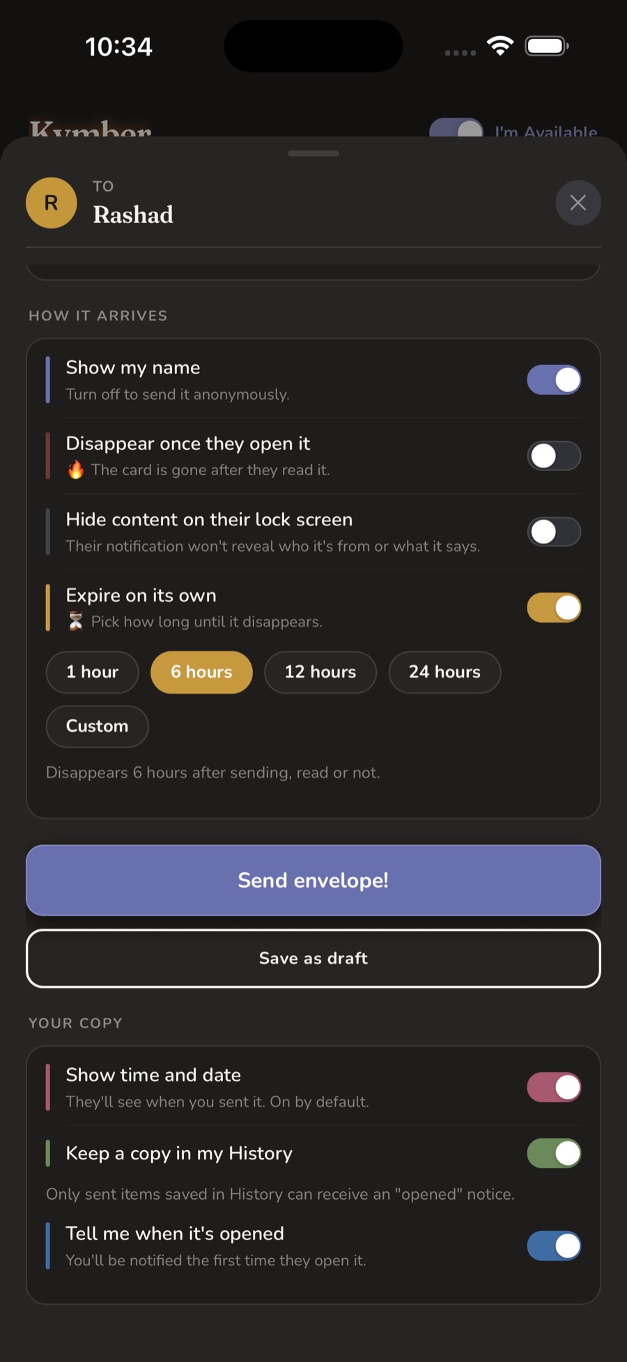 Letter controls: show your name, self-destruct once opened, hide on the lock screen, expire on its own