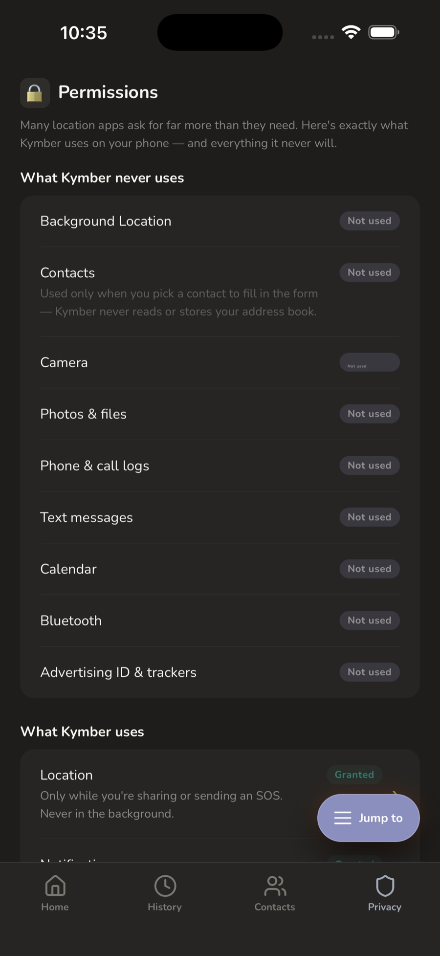 The list of permissions Kymber never uses — background location, contacts, camera, photos, call logs, text messages, calendar