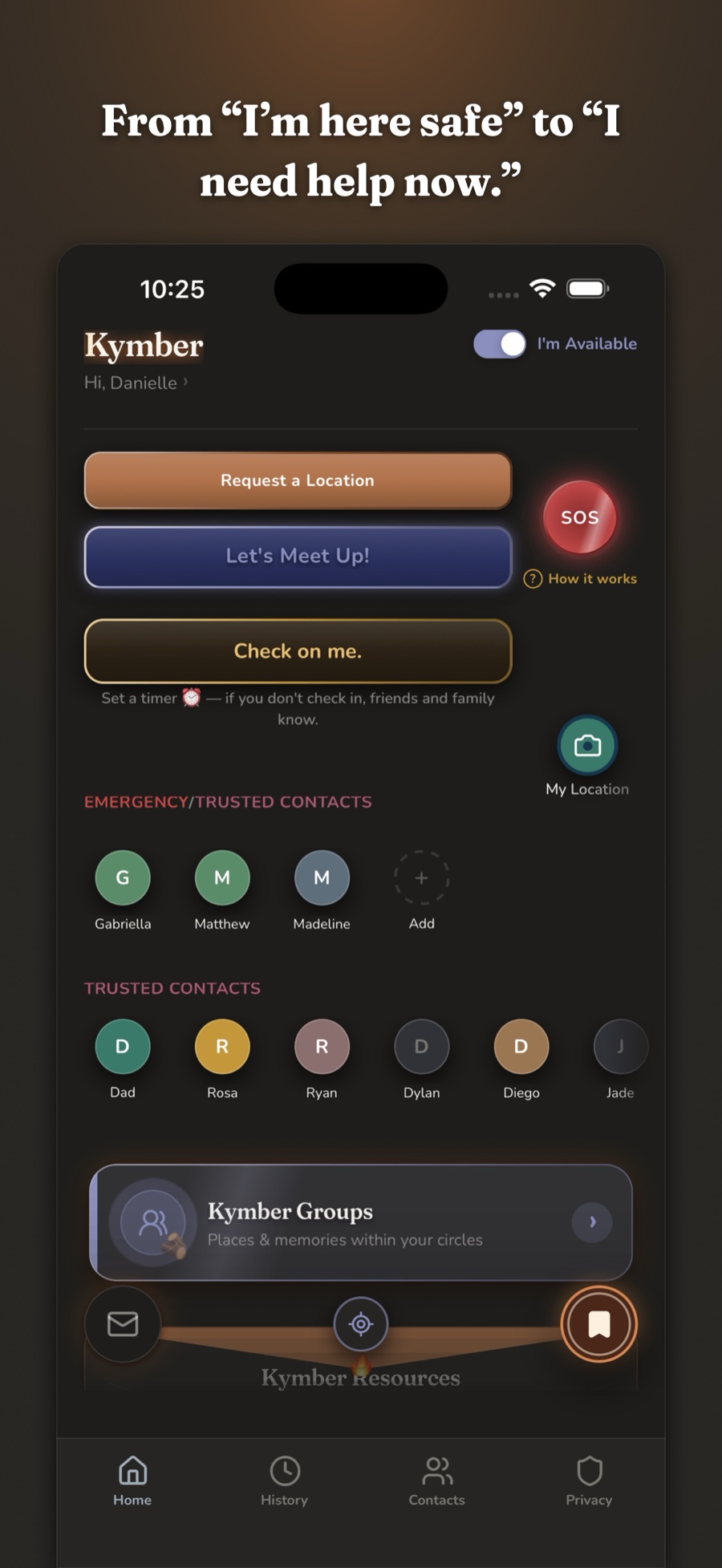 Kymber home screen — Request a Location, Let's Meet Up, Check on me and SOS one tap away