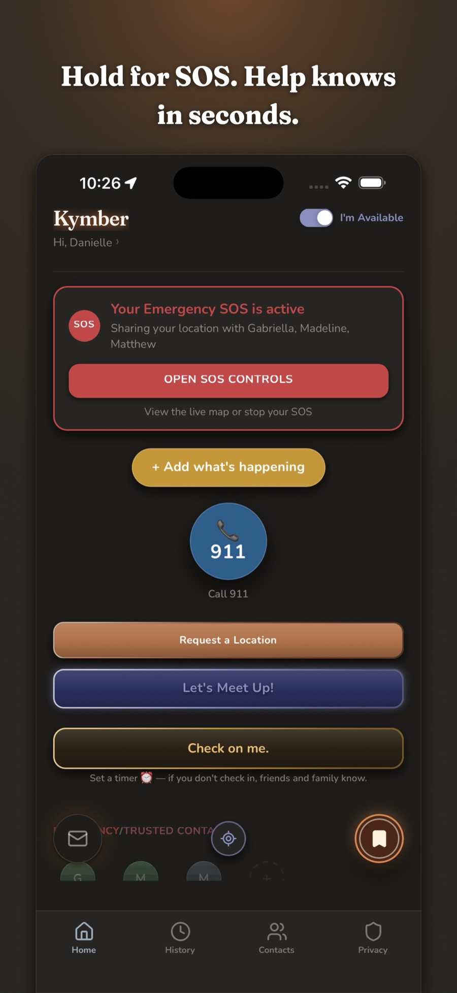 An active emergency SOS sharing live location with emergency contacts