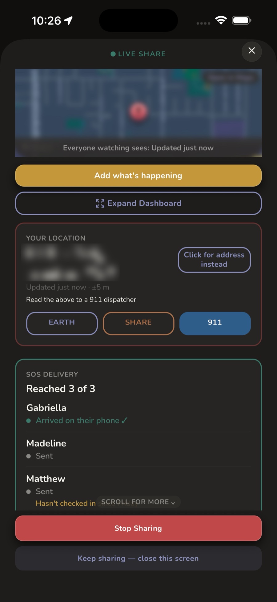 A live share showing your exact coordinates, with map and 911 shortcuts