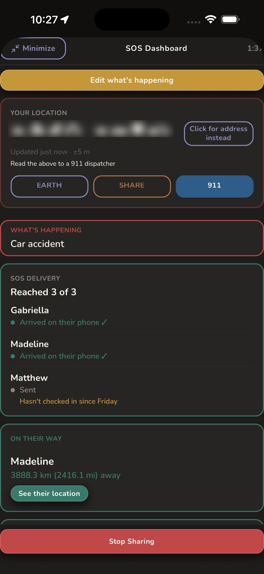 The SOS dashboard showing what's happening, delivery to each phone, and who is on the way and how far out