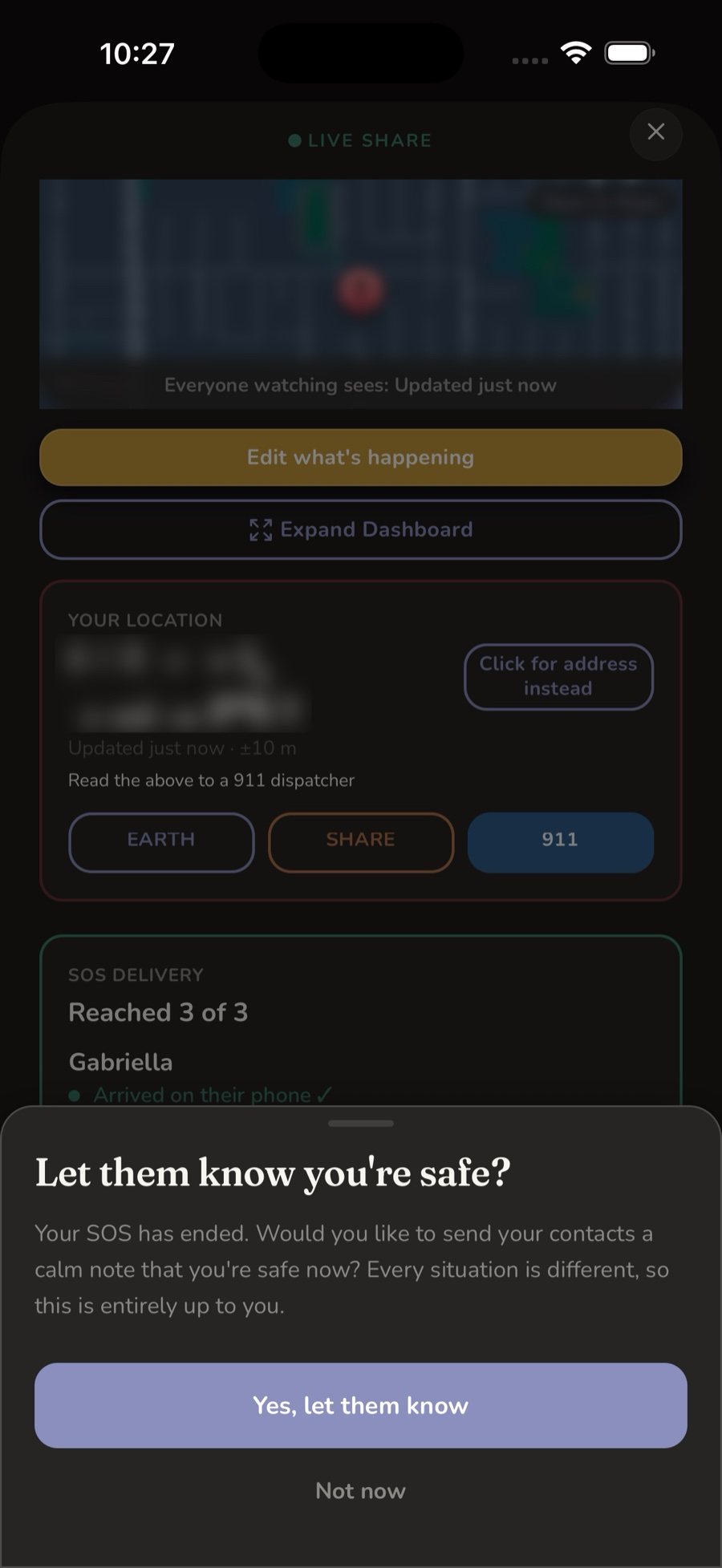 After an SOS ends, a prompt asking whether to let your contacts know you're safe