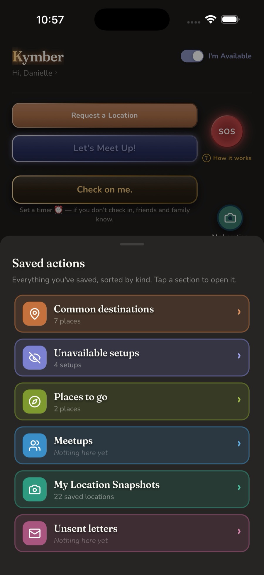 Saved actions — common destinations, Unavailable setups, places to go, meetups, location snapshots and unsent letters, sorted by kind