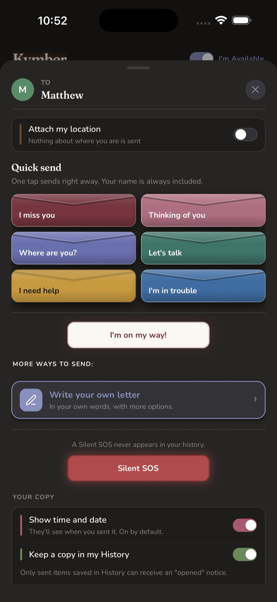 Quick-send cards including I need help, I'm in trouble, I'm on my way, and Silent SOS