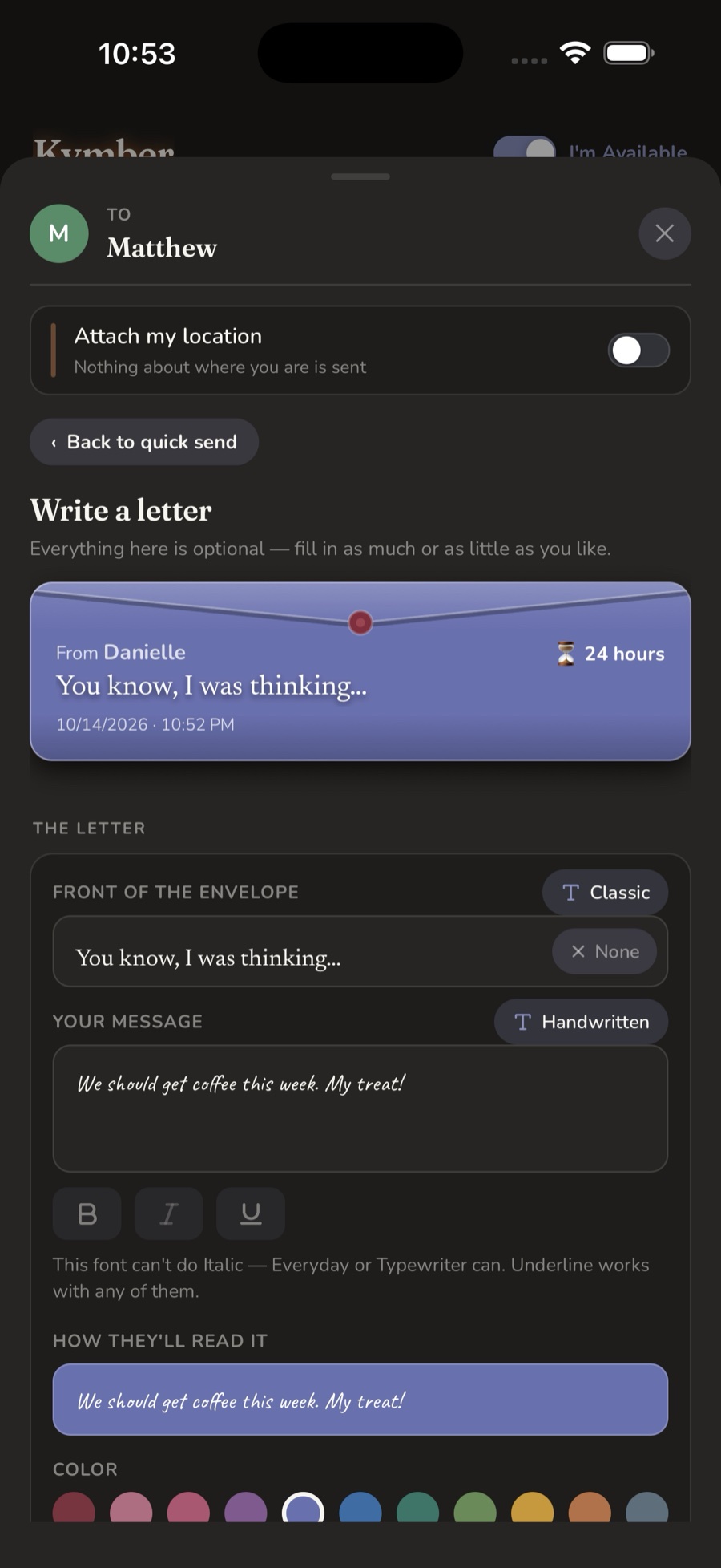 Writing a letter, with a live envelope preview, colors and handwritten fonts