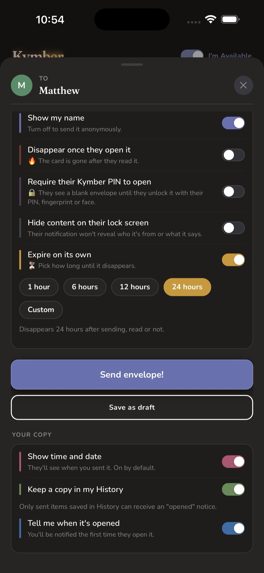 Letter controls: show your name, disappear once opened, require their Kymber PIN to open, hide on the lock screen, expire on its own