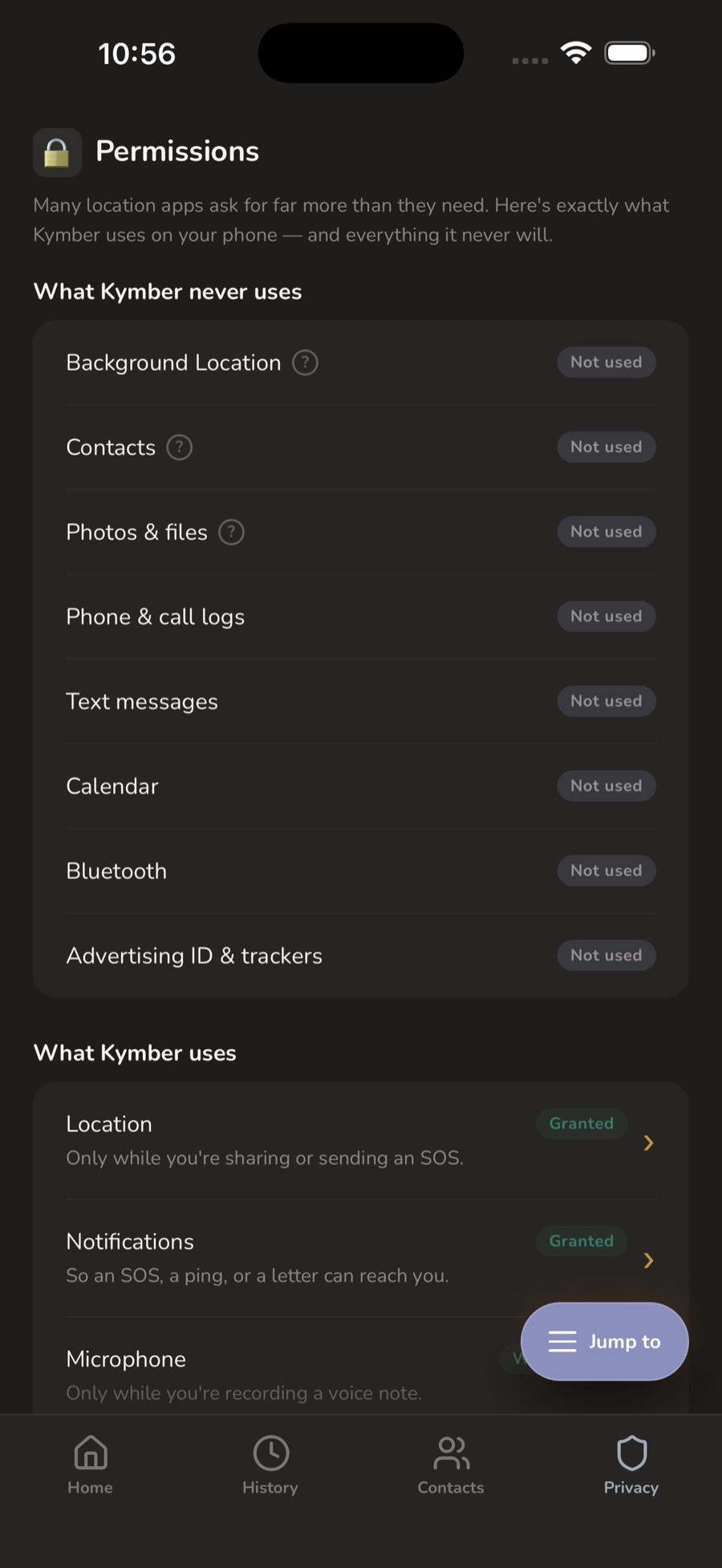 The list of permissions Kymber never uses — background location, contacts, photos and files, call logs, text messages, calendar, Bluetooth, and advertising ID and trackers