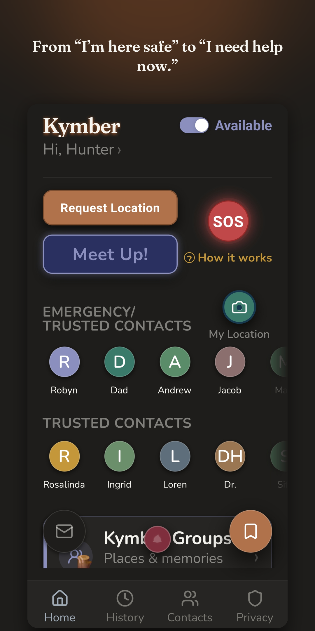 Kymber home screen — Request Location, SOS and Meet Up one tap away