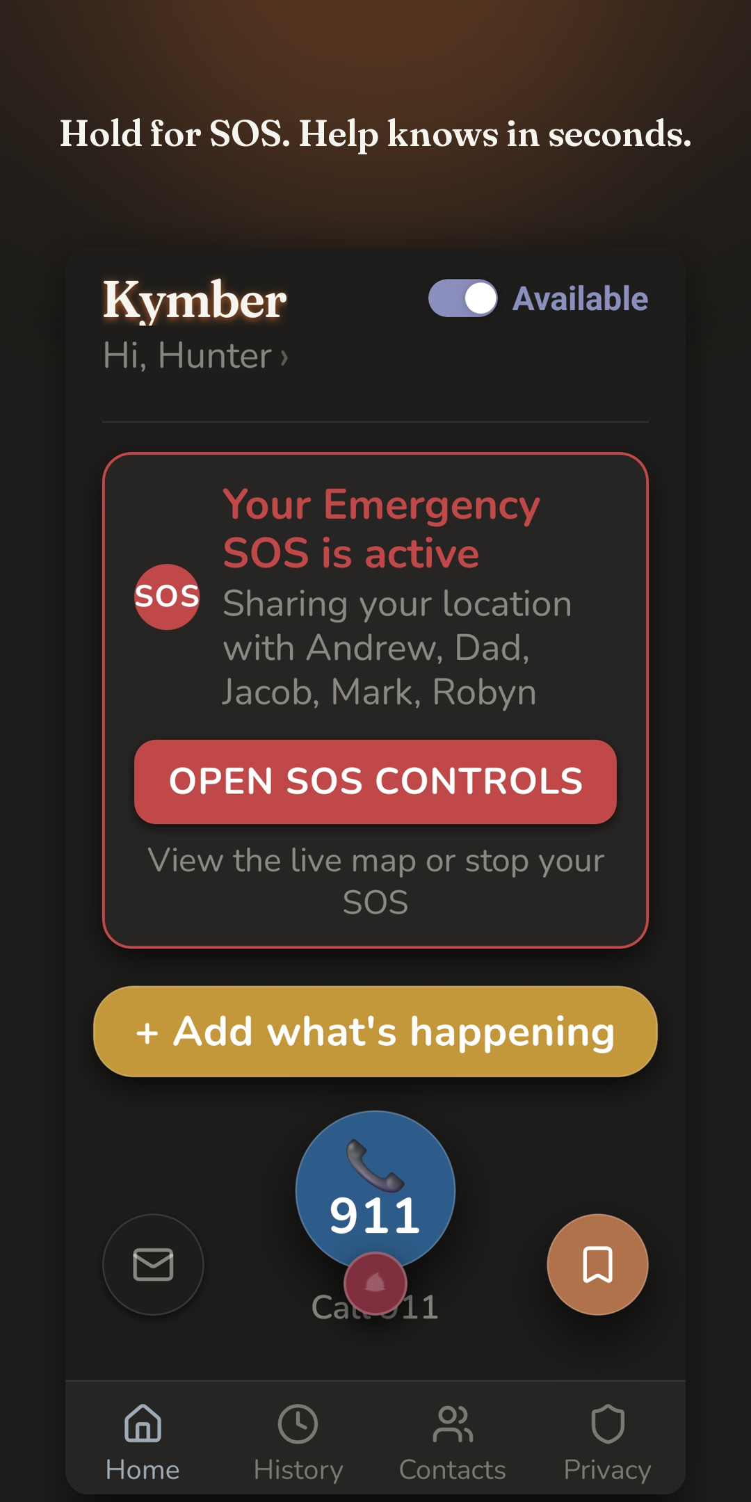 An active emergency SOS sharing live location with emergency contacts