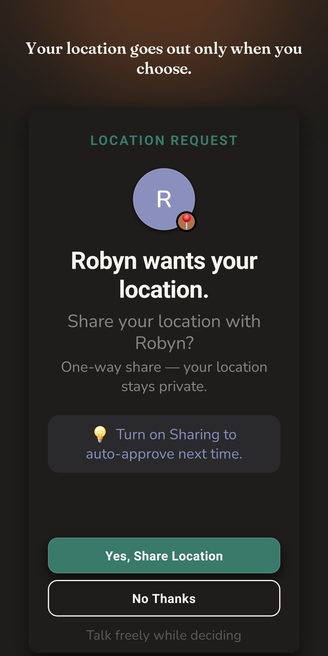An incoming location request you can approve or decline