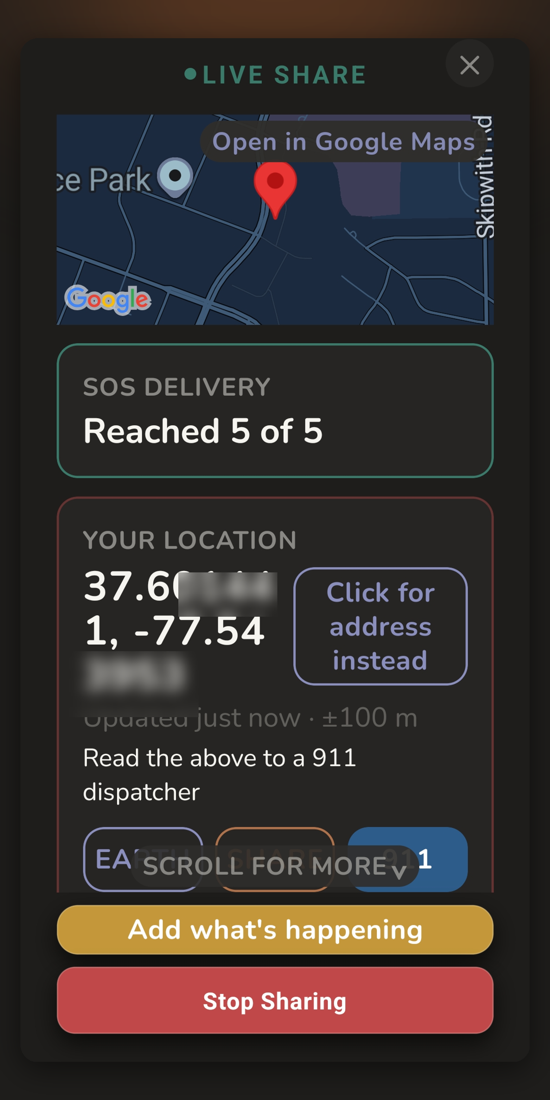 Live share showing exact coordinates with Maps and 911 shortcuts