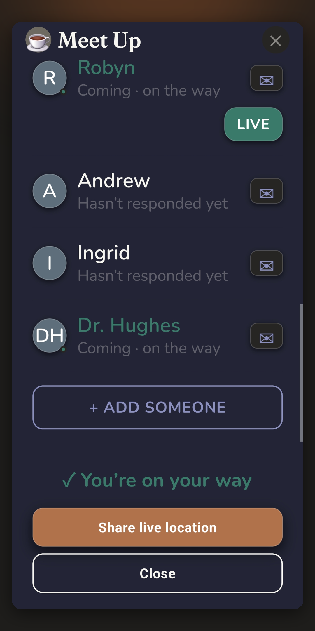 A Meet Up showing who is on the way with an On My Way button