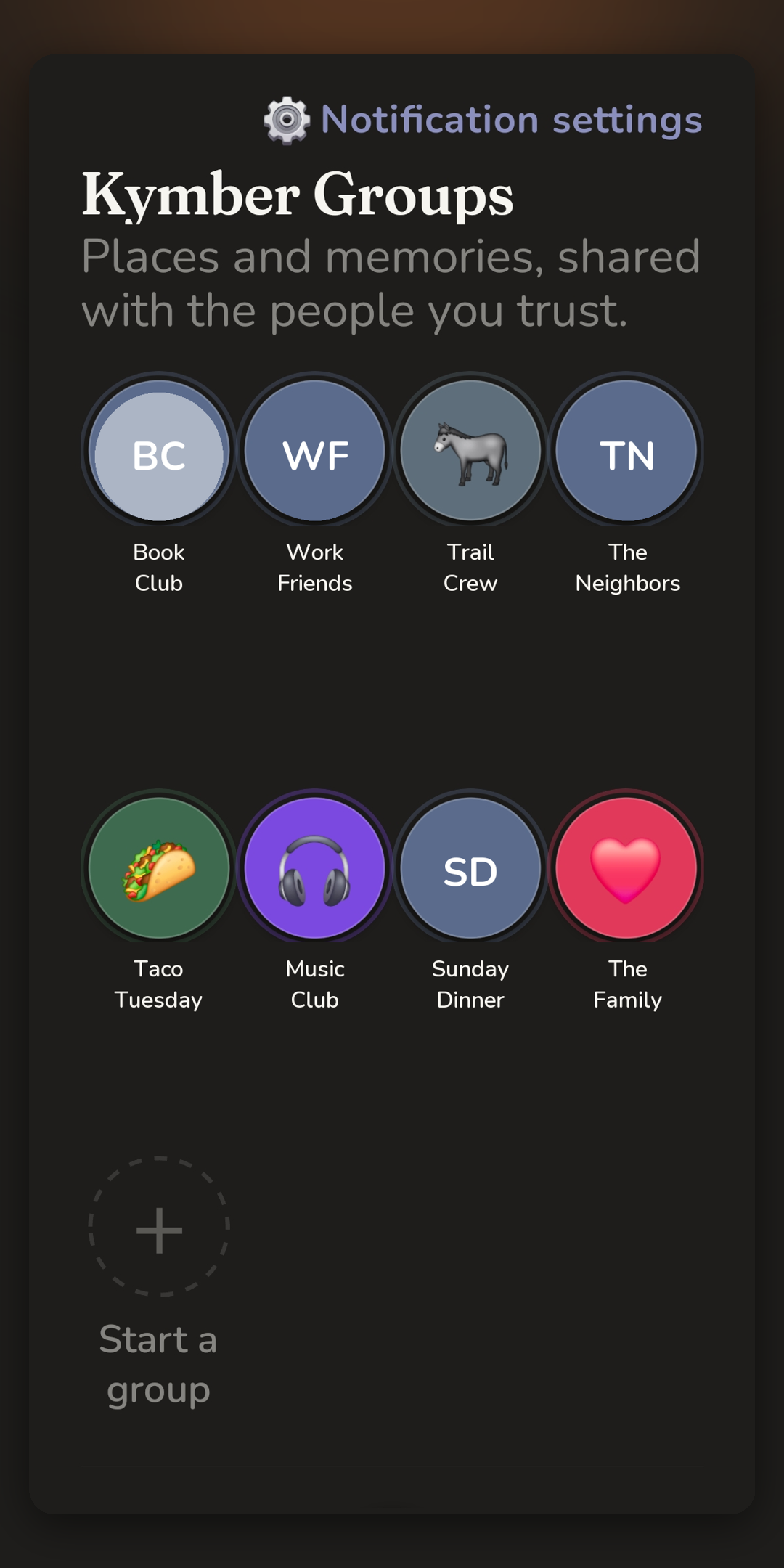 Kymber Groups — a trusted-contacts board of places and memories