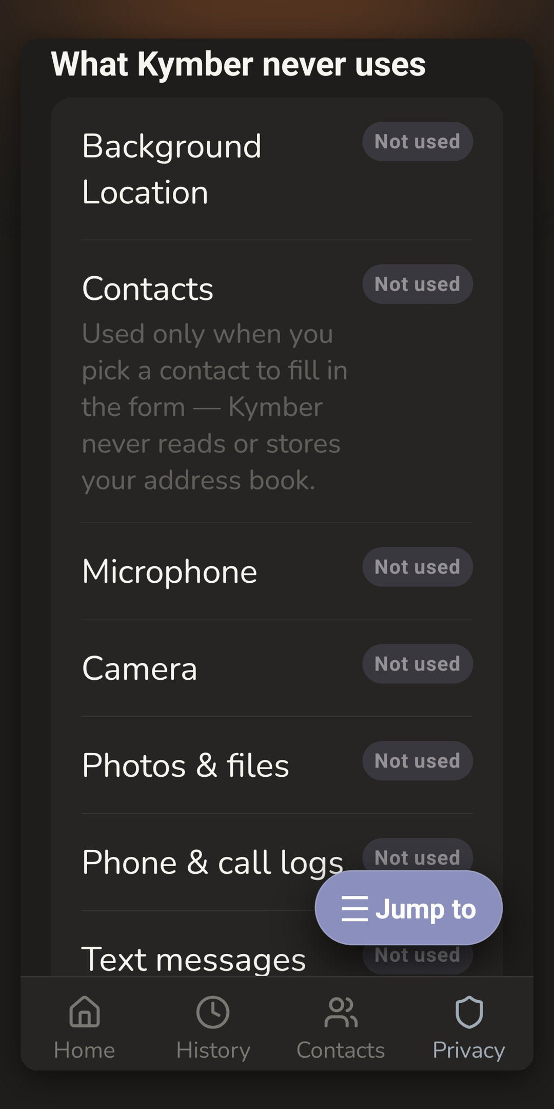 A list of the permissions Kymber never uses — background location, contacts, microphone, camera